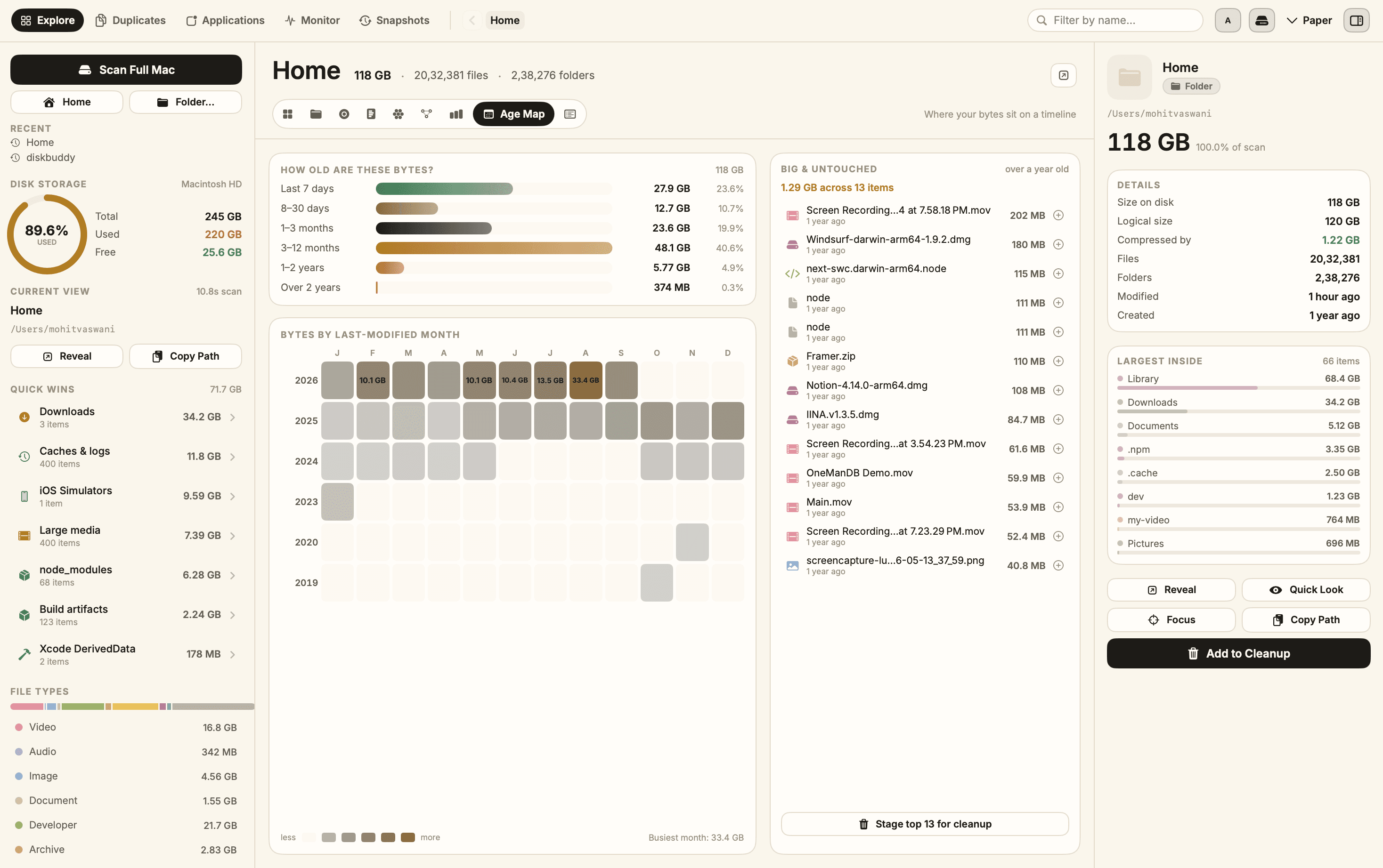DiskBuddy Age Map with a bytes-by-age chart and a Big & Untouched list of files older than a year.