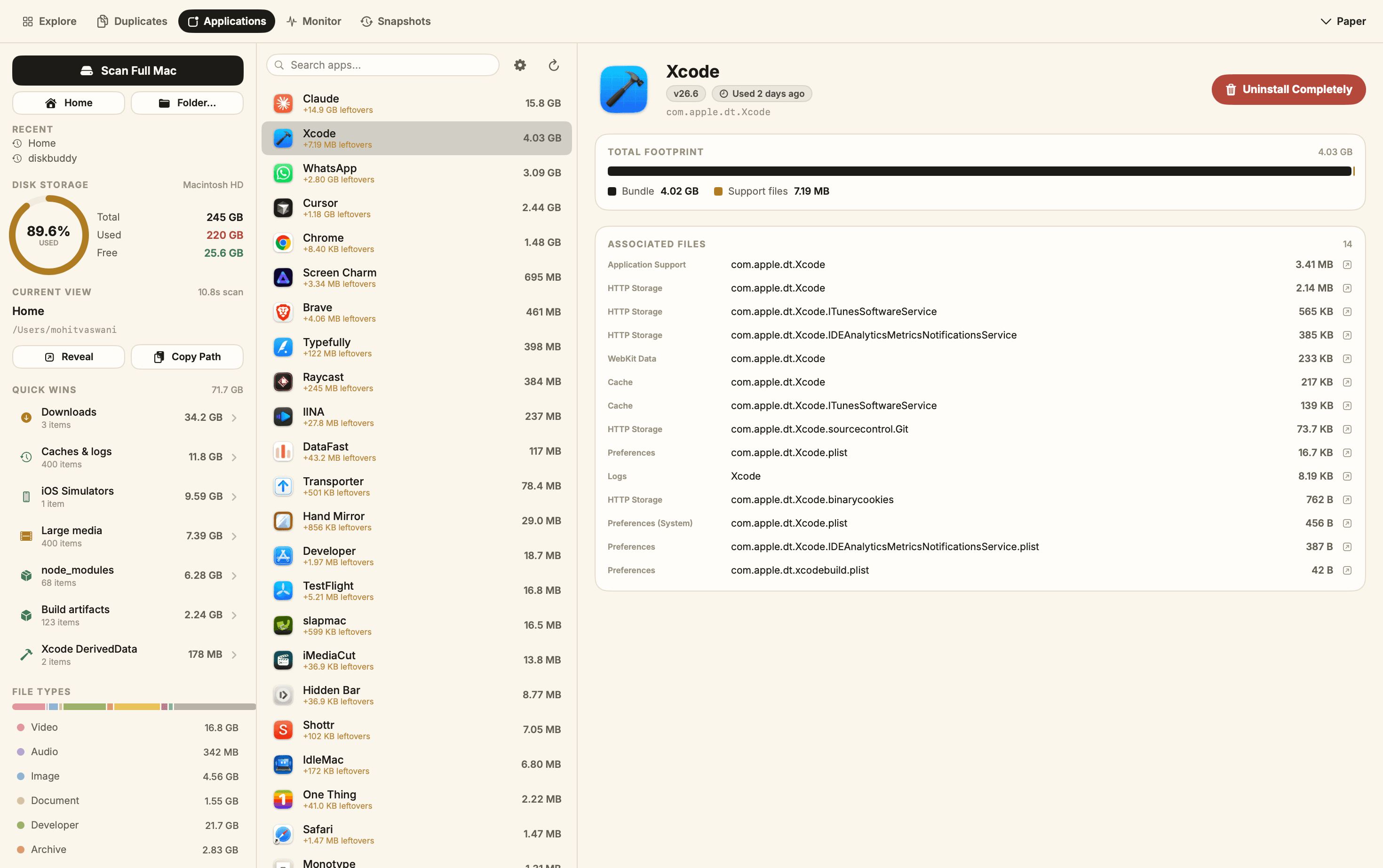DiskBuddy Applications tab showing Xcode's 4.03 GB footprint and its fourteen associated support files.