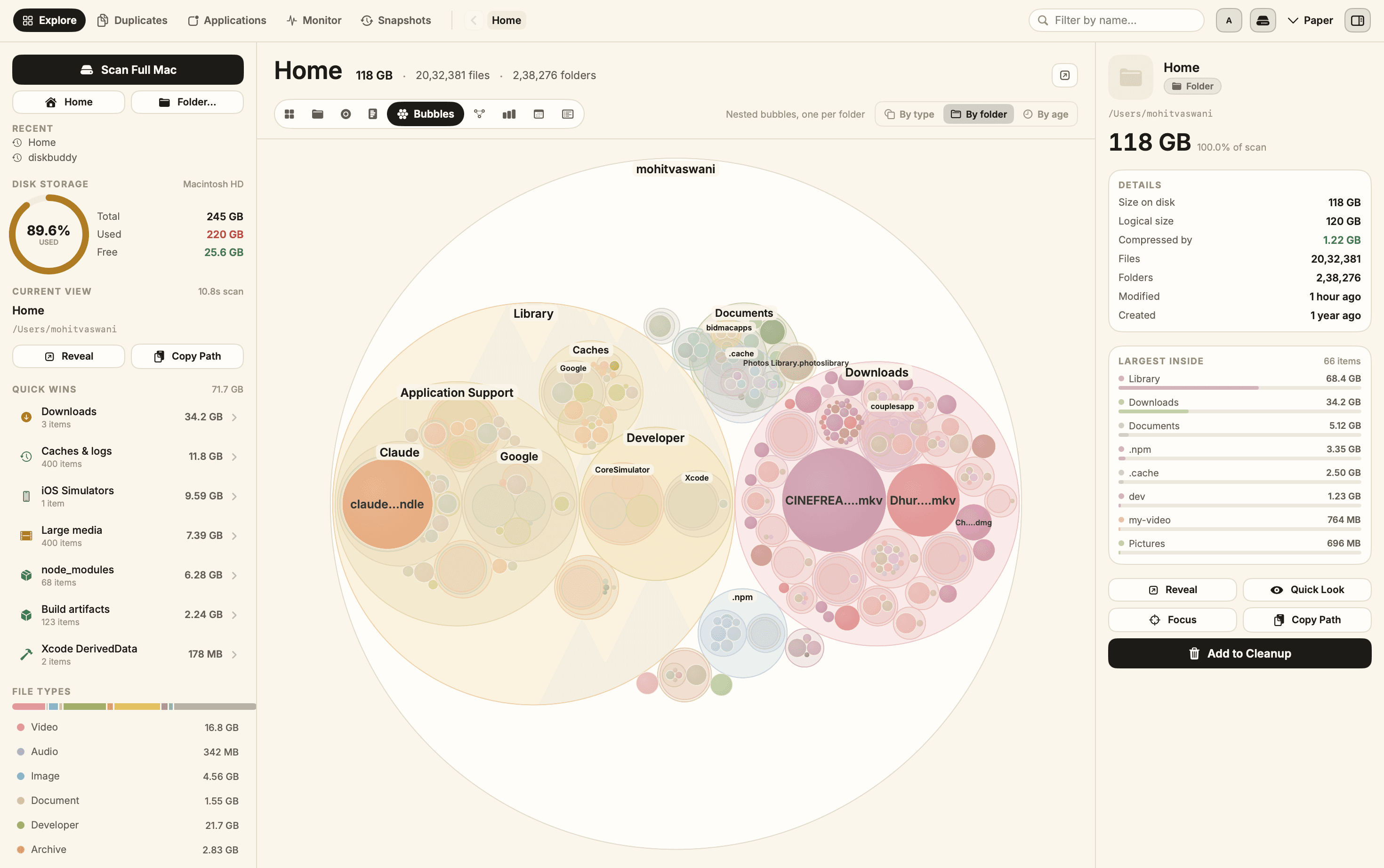 DiskBuddy bubble chart with nested circles for each folder in the home directory.