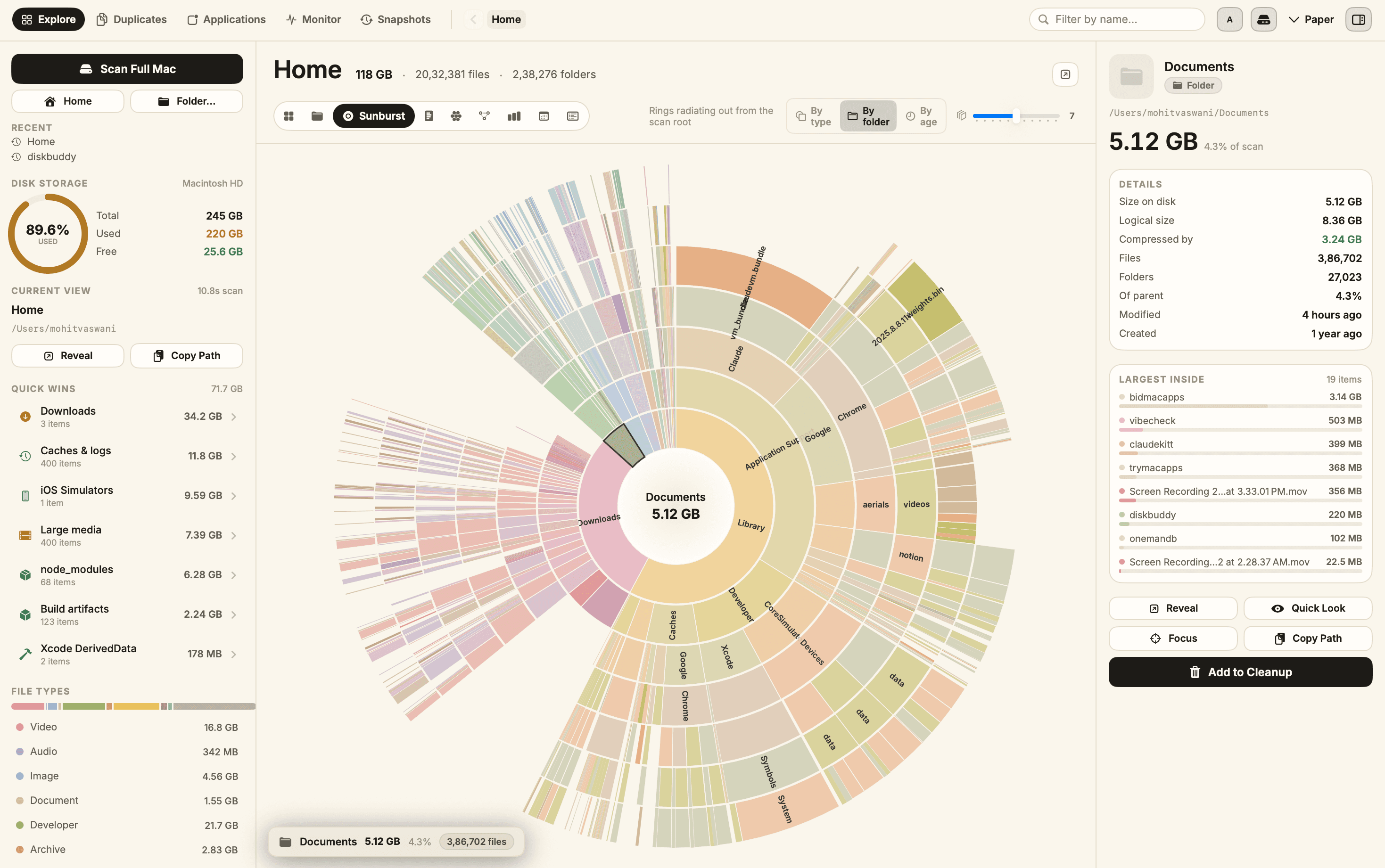 DiskBuddy sunburst chart with concentric rings representing folder depth.