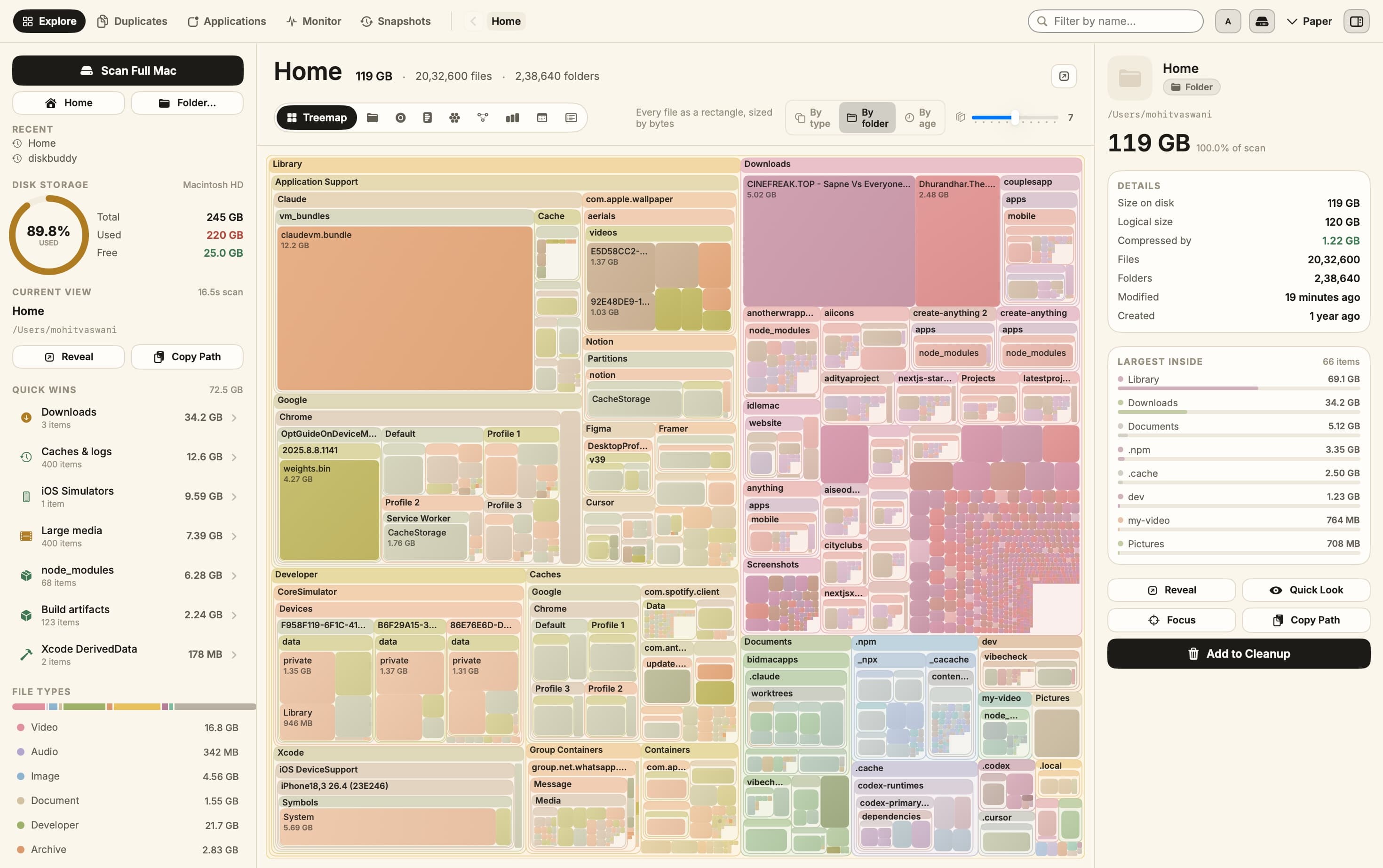 DiskBuddy treemap view showing a 119 GB home folder broken into nested coloured rectangles.